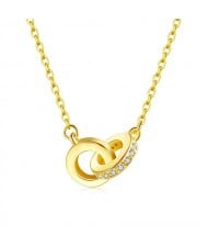 Fine Jewelry Hip-hop Style Golden Color Dual-ring Design Pendant Women 925 Sterling Silver Necklace