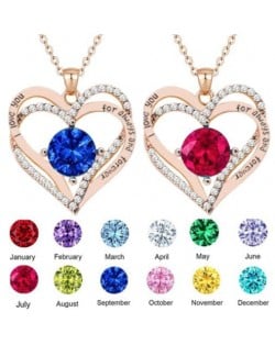 Colorful Zirconia Embellished Dual Hearts Pendant Golden Wholesale Costume Necklace