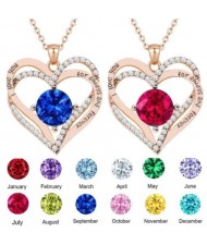 Colorful Zirconia Embellished Dual Hearts Pendant Golden Wholesale Costume Necklace