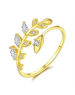 925 Sterling Silver Jewelry Korean Fashion Olive Branch Leaf Open-end Design Wholesale Women Ring - Golden