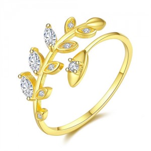 925 Sterling Silver Jewelry Korean Fashion Olive Branch Leaf Open-end Design Wholesale Women Ring - Golden