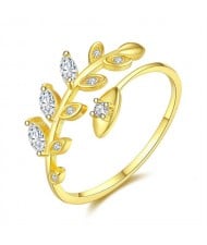 925 Sterling Silver Jewelry Korean Fashion Olive Branch Leaf Open-end Design Wholesale Women Ring - Golden