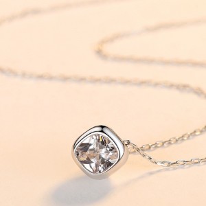 Fine Jewelry Bling Cubic Zirconia Square Pendant Wholesale Fashion Women 925 Sterling Silver Necklace - Silver