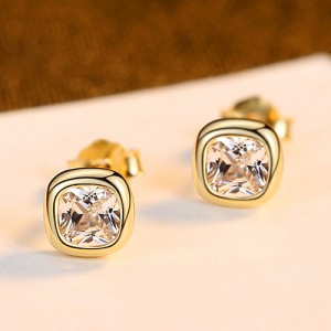 Square Shape Cubic Zirconia Simple Fahion Business Style Wholesale 925 Sterling Silver Ear Studs - Golden