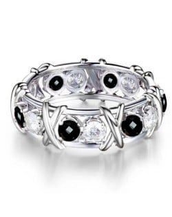 Luxury Shiny Cubic Zirconia X Buckle Design Silver Color Wholesale Ring - Black