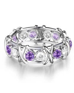 Luxury Shiny Cubic Zirconia X Buckle Design Silver Color Wholesale Ring - Violet