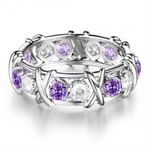 Luxury Shiny Cubic Zirconia X Buckle Design Silver Color Wholesale Ring - Violet