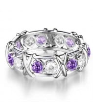 Luxury Shiny Cubic Zirconia X Buckle Design Silver Color Wholesale Ring - Violet