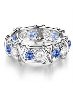 Luxury Shiny Cubic Zirconia X Buckle Design Silver Color Wholesale Ring - Blue