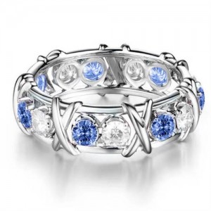 Luxury Shiny Cubic Zirconia X Buckle Design Silver Color Wholesale Ring - Blue