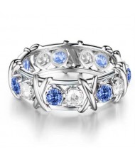 Luxury Shiny Cubic Zirconia X Buckle Design Silver Color Wholesale Ring - Blue