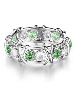 Luxury Shiny Cubic Zirconia X Buckle Design Silver Color Wholesale Ring - Green