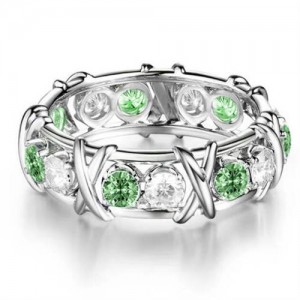 Luxury Shiny Cubic Zirconia X Buckle Design Silver Color Wholesale Ring - Green
