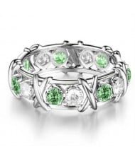 Luxury Shiny Cubic Zirconia X Buckle Design Silver Color Wholesale Ring - Green