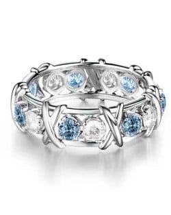 Luxury Shiny Cubic Zirconia X Buckle Design Silver Color Wholesale Ring - Light Blue