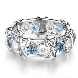Luxury Shiny Cubic Zirconia X Buckle Design Silver Color Wholesale Ring - Light Blue