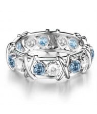 Luxury Shiny Cubic Zirconia X Buckle Design Silver Color Wholesale Ring - Light Blue