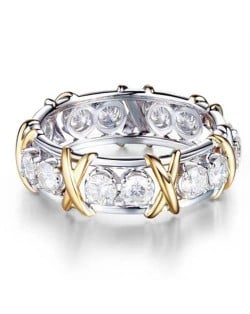 Luxury Shiny Cubic Zirconia X Buckle Design Golden and Silver Color Wholesale Ring - White