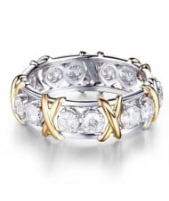 Luxury Shiny Cubic Zirconia X Buckle Design Golden and Silver Color Wholesale Ring - White