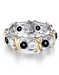 Luxury Shiny Cubic Zirconia X Buckle Design Golden and Silver Color Wholesale Ring - Black