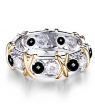 Luxury Shiny Cubic Zirconia X Buckle Design Golden and Silver Color Wholesale Ring - Black