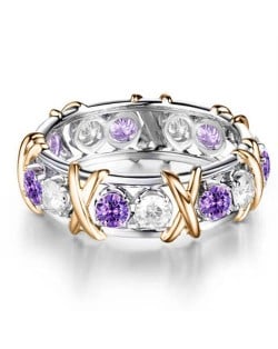 Luxury Shiny Cubic Zirconia X Buckle Design Golden and Silver Color Wholesale Ring - Violet