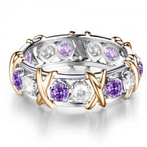 Luxury Shiny Cubic Zirconia X Buckle Design Golden and Silver Color Wholesale Ring - Violet
