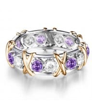 Luxury Shiny Cubic Zirconia X Buckle Design Golden and Silver Color Wholesale Ring - Violet