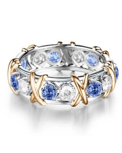 Luxury Shiny Cubic Zirconia X Buckle Design Golden and Silver Color Wholesale Ring - Blue