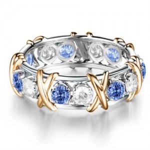 Luxury Shiny Cubic Zirconia X Buckle Design Golden and Silver Color Wholesale Ring - Blue