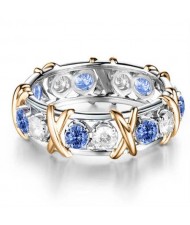 Luxury Shiny Cubic Zirconia X Buckle Design Golden and Silver Color Wholesale Ring - Blue