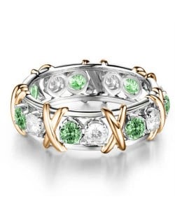 Luxury Shiny Cubic Zirconia X Buckle Design Golden and Silver Color Wholesale Ring - Green