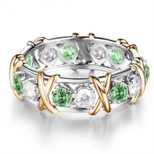 Luxury Shiny Cubic Zirconia X Buckle Design Golden and Silver Color Wholesale Ring - Green