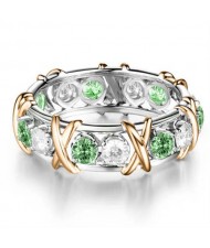 Luxury Shiny Cubic Zirconia X Buckle Design Golden and Silver Color Wholesale Ring - Green