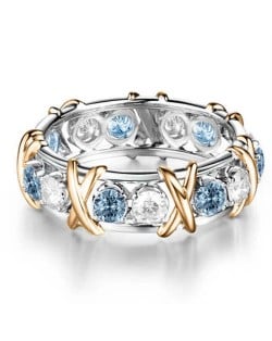 Luxury Shiny Cubic Zirconia X Buckle Design Golden and Silver Color Wholesale Ring - Lake Blue