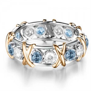 Luxury Shiny Cubic Zirconia X Buckle Design Golden and Silver Color Wholesale Ring - Lake Blue