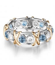 Luxury Shiny Cubic Zirconia X Buckle Design Golden and Silver Color Wholesale Ring - Lake Blue