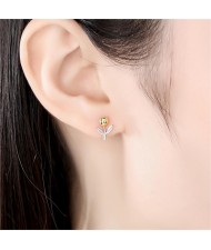 Two-tone Mini Flower Fine Jewelry Fashion Wholesale 925 Sterling Silver Ear Studs