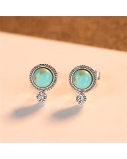 Blue Turquoise Vintage Korean Fashion Earrings 925 Sterling Silver Exquisite Small Ear Studs