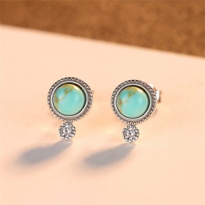 Blue Turquoise Vintage Korean Fashion Earrings 925 Sterling Silver Exquisite Small Ear Studs