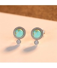 Blue Turquoise Vintage Korean Fashion Earrings 925 Sterling Silver Exquisite Small Ear Studs