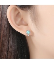Blue Turquoise Vintage Korean Fashion Earrings 925 Sterling Silver Exquisite Small Ear Studs