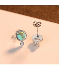 Blue Turquoise Vintage Korean Fashion Earrings 925 Sterling Silver Exquisite Small Ear Studs