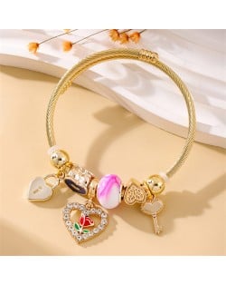 Rose and Hearts with Key and Lock Lucky Beads Fashionable Wholesale Friendship Bangle