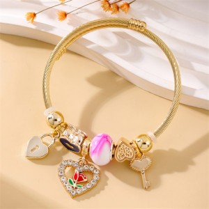 Rose and Hearts with Key and Lock Lucky Beads Fashionable Wholesale Friendship Bangle