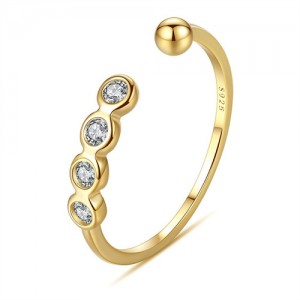 Round Cubic Zirconia and Golden Bead Open-end Design Wholesale Women 925 Sterling Silver Ring