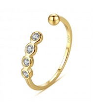 Round Cubic Zirconia and Golden Bead Open-end Design Wholesale Women 925 Sterling Silver Ring