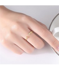 Round Cubic Zirconia and Golden Bead Open-end Design Wholesale Women 925 Sterling Silver Ring