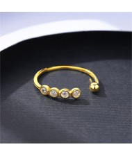 Round Cubic Zirconia and Golden Bead Open-end Design Wholesale Women 925 Sterling Silver Ring