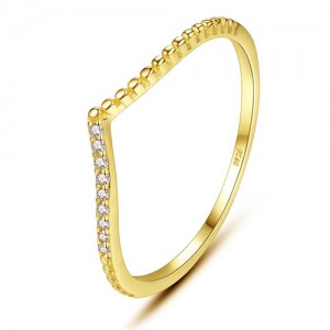 Korean Fashion Cubic Zirconia V Shape Design Gold Plated Women 925 Sterling Silver Ring